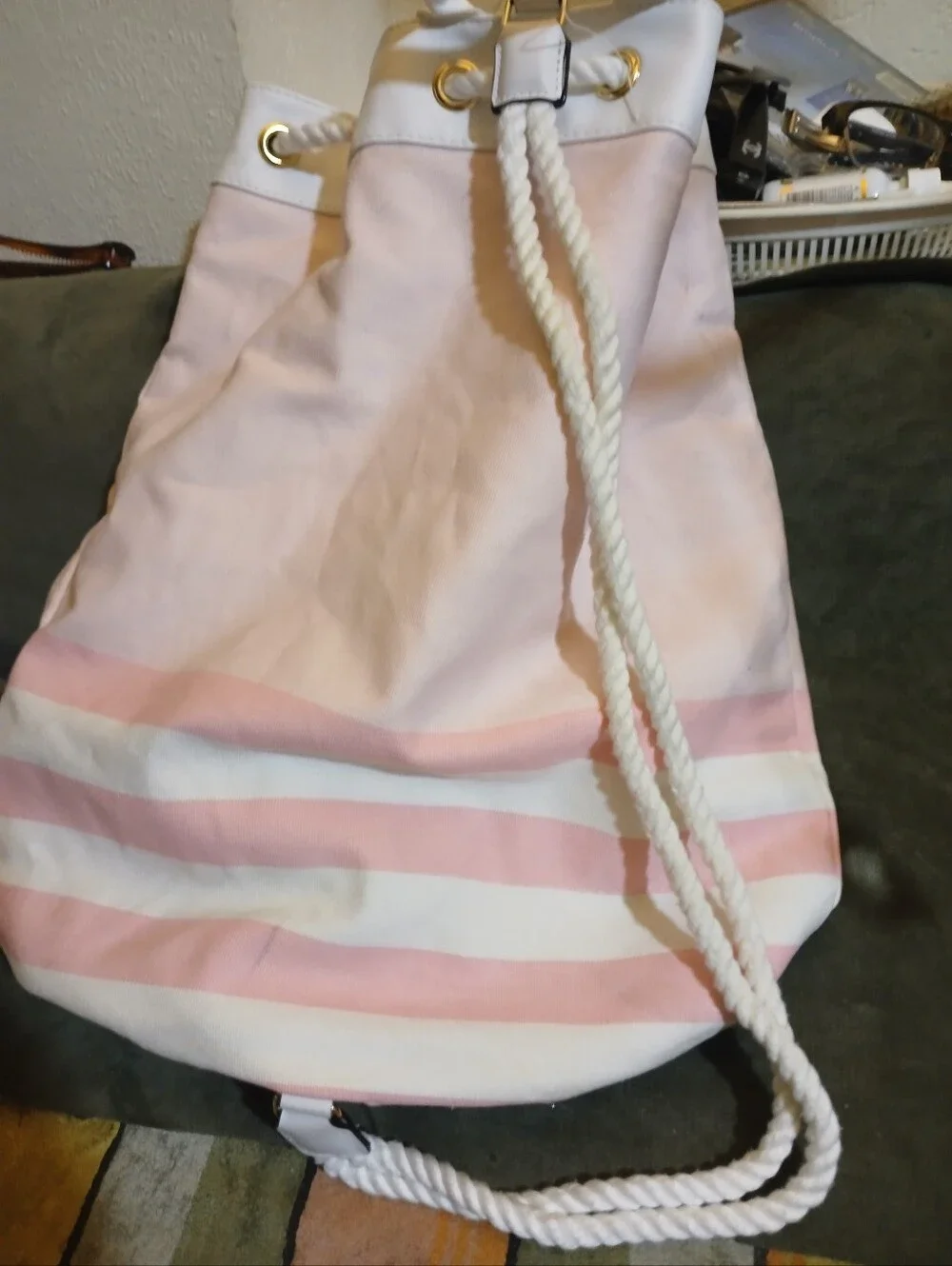 Victoria's Secret Pink & White Striped Drawstring Bag - Picture 4 of 5